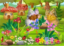 Die Feen, die in magischen Märchen fliegen, gestalten mit Pilzhäusern und schönen Blumen landschaftlich vektor abbildung Die Feen, die in magischen Märchen fliegen, gestalten mit Pilzhäusern und schönen Blumen landschaftlich vektor abbildung