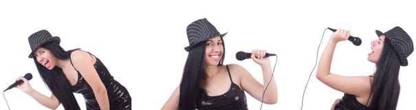 Die Frau, die im Karaokeverein in den verschiedenen Haltungen auf Weiß singt lizenzfreie stockfotos Die Frau, die im Karaokeverein in den verschiedenen Haltungen auf Weiß singt lizenzfreie stockfotos