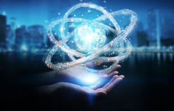 Die Geschäftsfrau, die futuristischen Torus verwendet, maserte Gegenstand 3D renderin Lizenzfreie Stockfotos Die Geschäftsfrau, die futuristischen Torus verwendet, maserte Gegenstand 3D renderin Lizenzfreie Stockfotos