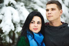 Die glücklichen liebevollen Paare, die in den Wald des verschneiten Winters, Weihnachten aufwendend gehen, machen zusammen Urlaub lizenzfreie stockfotografie Die glücklichen liebevollen Paare, die in den Wald des verschneiten Winters, Weihnachten aufwendend gehen, machen zusammen Urlaub lizenzfreie stockfotografie