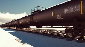 Die Kamera fliegt hinter die Eisenbahn mit den Zisternen, die durch sie mit Öl überschreiten Wiedergabe 3d vektor abbildung Die Kamera fliegt hinter die Eisenbahn mit den Zisternen, die durch sie mit Öl überschreiten Wiedergabe 3d vektor abbildung