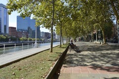 Die NerviÃ-³ n Flussdurchläufe durch die Arenal-Promenade bilbao lizenzfreie stockbilder Die NerviÃ-³ n Flussdurchläufe durch die Arenal-Promenade bilbao lizenzfreie stockbilder