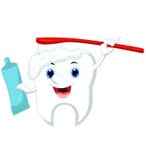 Diente lindo de la historieta que se limpia con un cepillo y una crema dental ilustración del vector Diente lindo de la historieta que se limpia con un cepillo y una crema dental ilustración del vector