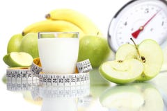 Diet Food Milk Glass, Fruit Apple Meter Scales Stock Photos