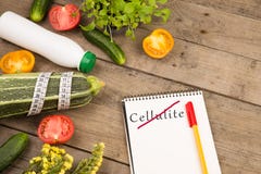 Diet plan - marrow squash, notepad with text & x22;No Cellulite& x22;, vegetables and measuring tape royalty free stock image Diet plan - marrow squash, notepad with text & x22;No Cellulite& x22;, vegetables and measuring tape royalty free stock image
