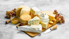 Diferentes tipos de queso con la miel y las uvas fotos de archivo Diferentes tipos de queso con la miel y las uvas fotos de archivo