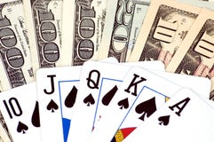 Different Banknotes And Poker Cards Royalty Free Stock Image