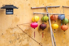 Different Lanterns Near Wall In Vietnam, Asia. Royalty Free Stock Images