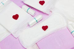 Different menstruation sanitary soft pads and cotton tampons for woman hygiene protection. Woman critical days, gynecological mens royalty free stock images Different menstruation sanitary soft pads and cotton tampons for woman hygiene protection. Woman critical days, gynecological mens royalty free stock images