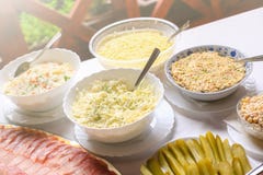 Different types of delicious salads. Wedding day food table royalty free stock photography Different types of delicious salads. Wedding day food table royalty free stock photography