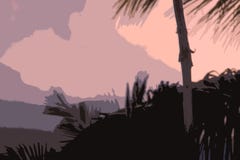 Différentes nuances d'un coucher du soleil dans le ciel, les arbres et les poteaux dans le premier plan illustration stock Différentes nuances d'un coucher du soleil dans le ciel, les arbres et les poteaux dans le premier plan illustration stock
