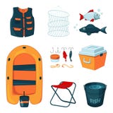 Différents outils pour la pêche Icônes de vecteur réglées dans le style de bande dessinée illustration de vecteur Différents outils pour la pêche Icônes de vecteur réglées dans le style de bande dessinée illustration de vecteur