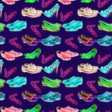 Différents styles du ` s de messieurs et des chaussures du ` s de dame dans l'amour, avec l'inscription, palette de couleurs au n illustration stock Différents styles du ` s de messieurs et des chaussures du ` s de dame dans l'amour, avec l'inscription, palette de couleurs au n illustration stock