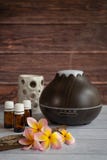 Difusor del aceite esencial de Brown con las flores del frangipani, y vela fotografía de archivo Difusor del aceite esencial de Brown con las flores del frangipani, y vela fotografía de archivo