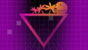 Palm Tree And Sunset On Colorful Triangle Against Grid Pattern