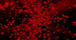 Digital animation red rose petals flying in vortex on red and black abstract background with fade out