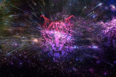Digital astratta artistica Wolf Into un fondo regolare della galassia di tema scuro illustrazione vettoriale Digital astratta artistica Wolf Into un fondo regolare della galassia di tema scuro illustrazione vettoriale