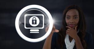Businesswoman touching security lock icon vector illustration Businesswoman touching security lock icon vector illustration