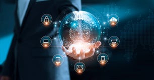 Digital marketing. Businessman holding global interface royalty free stock image Digital marketing. Businessman holding global interface royalty free stock image