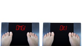 Digital scales with signs `omg` and `ok` on white background vector illustration Digital scales with signs `omg` and `ok` on white background vector illustration