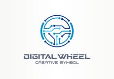 Digital steer wheel creative symbol concept. Electric car, autonomous vehicle abstract business logo. Driverless vector illustration Digital steer wheel creative symbol concept. Electric car, autonomous vehicle abstract business logo. Driverless vector illustration