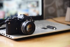 Digital Studio Photography Workstation. Retro film DSLR Camera, Royalty Free Stock Photography Digital Studio Photography Workstation. Retro film DSLR Camera, Royalty Free Stock Photography