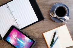 Digital tablet computer with sticky note paper and cup of coffee Stock Image Digital tablet computer with sticky note paper and cup of coffee Stock Image