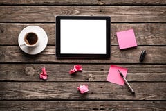 Digital tablet with note paper and cup of coffee Stock Images Digital tablet with note paper and cup of coffee Stock Images
