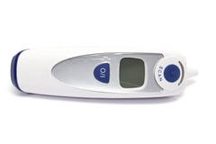 Digital white and blue thermometer with display isolated over white. royalty free stock photo Digital white and blue thermometer with display isolated over white. royalty free stock photo