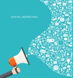 Digitale marketing vlakke illustratie De megafoon van de handholding stock illustratie Digitale marketing vlakke illustratie De megafoon van de handholding stock illustratie