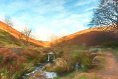 Digitale watercolour van een herfstwaterval en steenpakpaard royalty-vrije illustratie Digitale watercolour van een herfstwaterval en steenpakpaard royalty-vrije illustratie