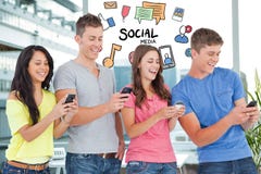 Digitally generated image of friends using smart phone with various icons flying agiant building stock photos Digitally generated image of friends using smart phone with various icons flying agiant building stock photos