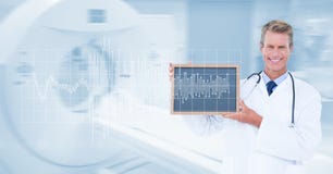 Digitally generated image of male doctor showing slate with pulse and MRI scan machine in background royalty free illustration Digitally generated image of male doctor showing slate with pulse and MRI scan machine in background royalty free illustration