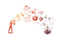 Digitas, mercado, em linha, Web site, conceito dos meios Vetor isolado tirado mão ilustração stock Digitas, mercado, em linha, Web site, conceito dos meios Vetor isolado tirado mão ilustração stock