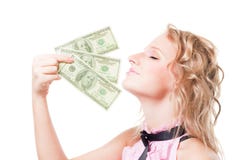Dinero rubio hermoso del olor de la mujer fotografía de archivo Dinero rubio hermoso del olor de la mujer fotografía de archivo