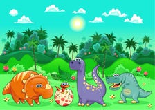 Dinosauri divertenti nella foresta. illustrazione vettoriale Dinosauri divertenti nella foresta. illustrazione vettoriale
