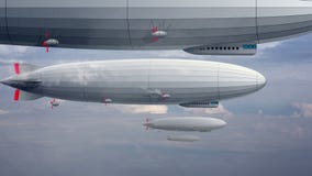 Dirigeable énorme légendaire de zeppelin sur le ciel avec des nuages Ballon stylisé de vol illustration stock Dirigeable énorme légendaire de zeppelin sur le ciel avec des nuages Ballon stylisé de vol illustration stock