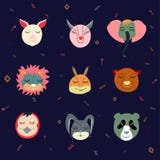 Dirigez l'ensemble coloré de neuf têtes drôles d'animaux illustration de vecteur Dirigez l'ensemble coloré de neuf têtes drôles d'animaux illustration de vecteur