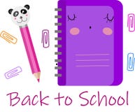Dirigez l'ensemble, la collection, l'illustration avec le carnet mignon violet et le crayon rose avec le panda De nouveau ? l'?co illustration de vecteur Dirigez l'ensemble, la collection, l'illustration avec le carnet mignon violet et le crayon rose avec le panda De nouveau ? l'?co illustration de vecteur