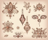 Dirigez l'ensemble tiré par la main d'éléments, de yeux et de l floraux de lotos de henné illustration stock Dirigez l'ensemble tiré par la main d'éléments, de yeux et de l floraux de lotos de henné illustration stock