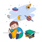 Dirigez l'illustration d'un petit garçon lisant un livre et rêvant du vol dans l'espace illustration stock Dirigez l'illustration d'un petit garçon lisant un livre et rêvant du vol dans l'espace illustration stock