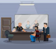 Dirigez l'illustration dans un style plat, pièce pour interroger un suspect dans un commissariat de police illustration stock Dirigez l'illustration dans un style plat, pièce pour interroger un suspect dans un commissariat de police illustration stock