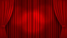 Dirigez l'étape lumineuse réaliste avec les rideaux rouges ouverts en velours illustration de vecteur Dirigez l'étape lumineuse réaliste avec les rideaux rouges ouverts en velours illustration de vecteur