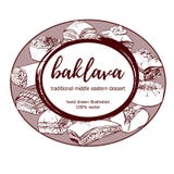 Dirigez la baklava du Moyen-Orient tirée par la main de dessert dans le cadre de label de cercle illustration de vecteur Dirigez la baklava du Moyen-Orient tirée par la main de dessert dans le cadre de label de cercle illustration de vecteur