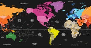 Dirigez la carte politique du monde colorée par des continents sur le fond noir et centrée par l'Amérique illustration de vecteur Dirigez la carte politique du monde colorée par des continents sur le fond noir et centrée par l'Amérique illustration de vecteur