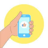 Dirigez le concept plat - main avec le téléphone portable du message avec l'icône similaire Appui amical dans les réseaux sociaux illustration stock Dirigez le concept plat - main avec le téléphone portable du message avec l'icône similaire Appui amical dans les réseaux sociaux illustration stock