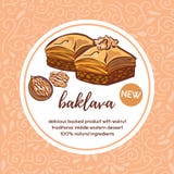Dirigez le design de carte de menu avec la baklava du Moyen-Orient traditionnelle de dessert avec la noix illustration de vecteur Dirigez le design de carte de menu avec la baklava du Moyen-Orient traditionnelle de dessert avec la noix illustration de vecteur