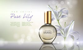 Dirigez le parfum d'illustration dans une bouteille en verre sur un fond avec le lis blanc luxueux illustration stock Dirigez le parfum d'illustration dans une bouteille en verre sur un fond avec le lis blanc luxueux illustration stock