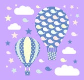 Dirigez les ballons à air chauds avec des baleines, les étoiles, nuages sur le fond violet en pastel Papier peint, autocollants d illustration de vecteur Dirigez les ballons à air chauds avec des baleines, les étoiles, nuages sur le fond violet en pastel Papier peint, autocollants d illustration de vecteur