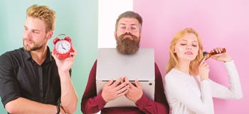 Discipline and timing. Some people are always running late. Why women always late. Girl brushing hair while men work stock photos Discipline and timing. Some people are always running late. Why women always late. Girl brushing hair while men work stock photos